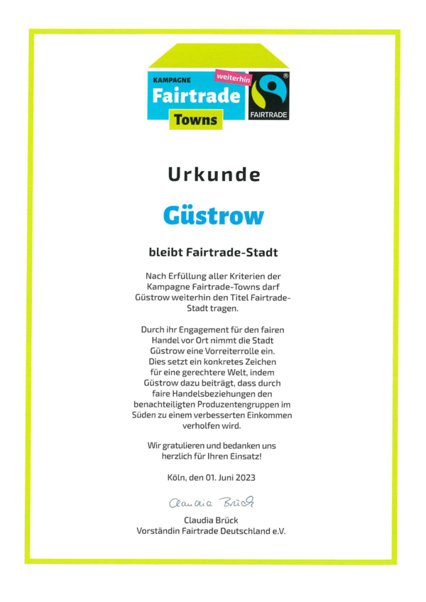 Urkunde - Güstrow ist erneut Fairtrade-Stadt